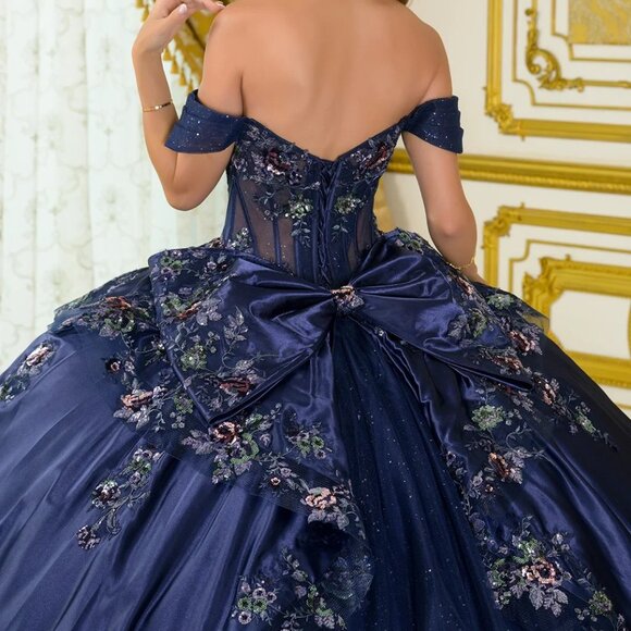 New Navy Satin Ball Gown w/ Floral Lace Embroidery & Oversized Back Bow GL3793 - Picture 10 of 14